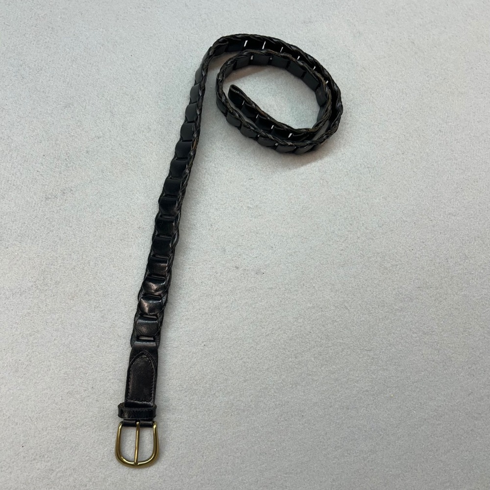 Black Genuine Leather Woven Braided Belt Gold Buckle Size 36 768-1